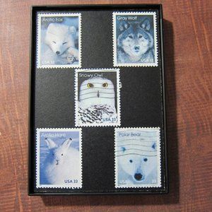 Arctic Animals - Recycled Postage Stamp Framed Art 3.5"x5", Gray Wolf, Arctic Fo